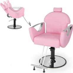 Höhenverstellbarer Friseurstuhl mit Kopfstütze & Hydraulikpumpe 360° Drehbarer Salonstuhl Rosa