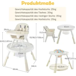 Höhenverstellbarer 6-in-1 Babyhochstuhl Beige Hochstuhl & Essenstuhl & Kindersitzgruppe