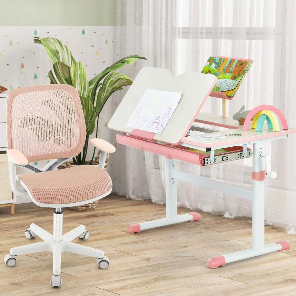 Höhenverstellbarer Kinderschreibtisch + Kinderdrehstuhl Set Schreibtisch Schreibtischstuhl