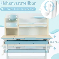 Höhenverstellbarer Kinderschreibtisch mit Neigbarer Tischplatte & Regalen & Schublade Studiertisch