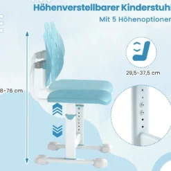 Höhenverstellbarer Kinderstuhl Kinder-Schreibtischstuhl Kinder-Studienstuhl mit Doppel-Rückenstütze Blau/Grau/Rosa
