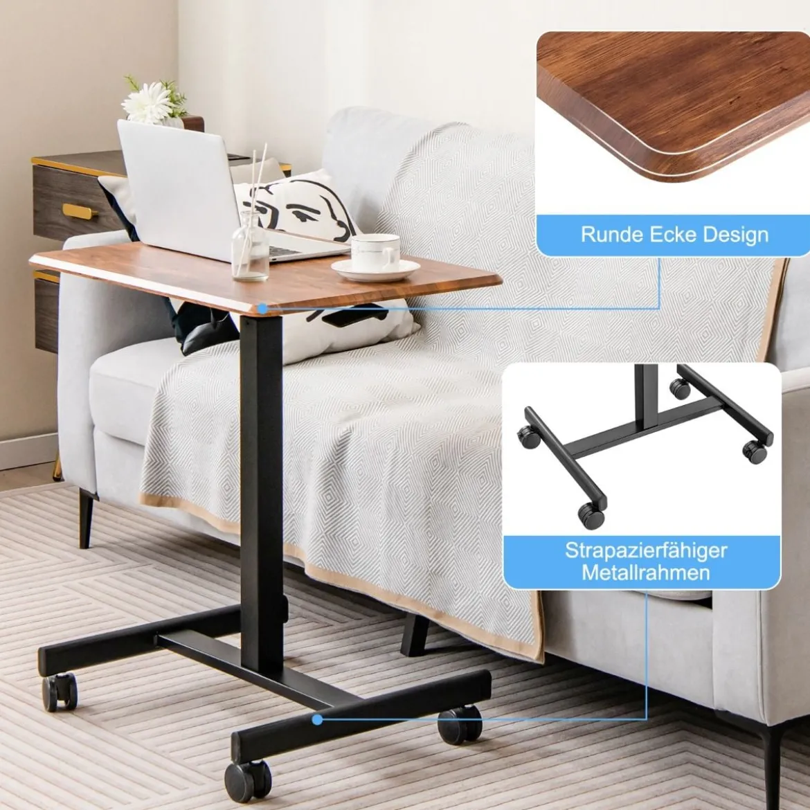 Höhenverstellbarer Laptop-Schreibtisch mit Rädern Computertischwagen Pflegetisch Braun