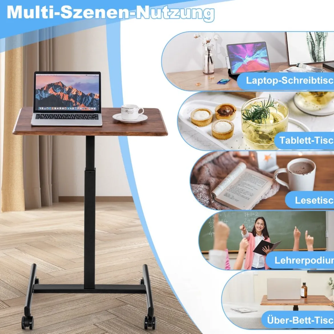 Höhenverstellbarer Laptop-Schreibtisch mit Rädern Computertischwagen Pflegetisch Braun