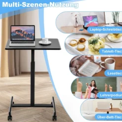 Höhenverstellbarer Laptop-Schreibtisch mit 4 Rädern Computertischwagen Pflegetisch bis zu 80 kg belastbar Schwarz