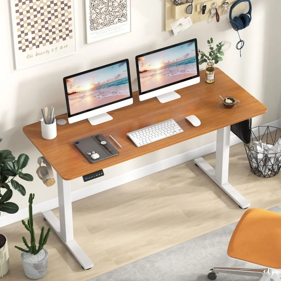 Höhenverstellbarer Schreibtisch 140 x 60 cm elektrischer Stehschreibtisch Natur