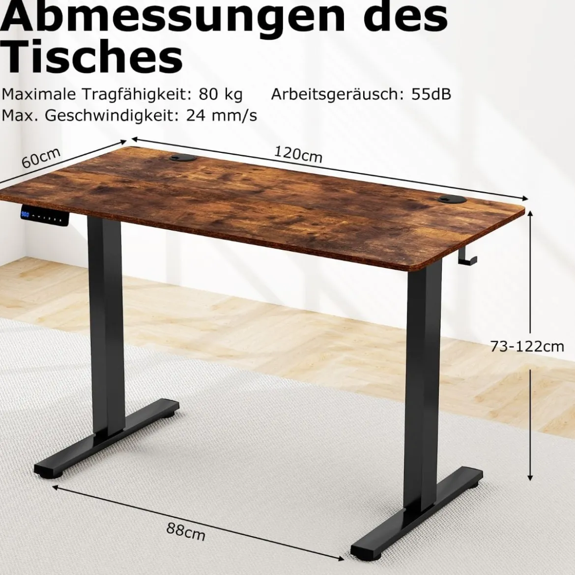 Höhenverstellbarer Schreibtisch 120 x 60 cm elektrischer Stehschreibtisch Rustikales Braun + Schwarz