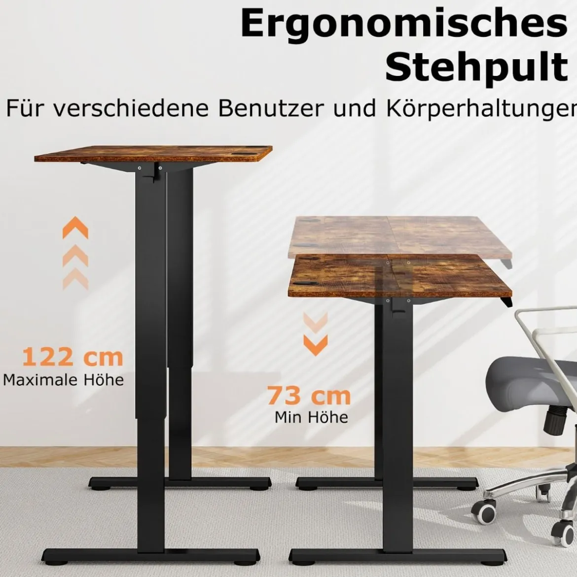 Höhenverstellbarer Schreibtisch 120 x 60 cm elektrischer Stehschreibtisch Rustikales Braun + Schwarz