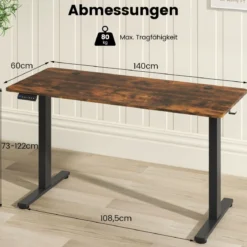 Höhenverstellbarer Schreibtisch 140 x 60 cm elektrischer Stehschreibtisch Rustikales Braun + Schwarz