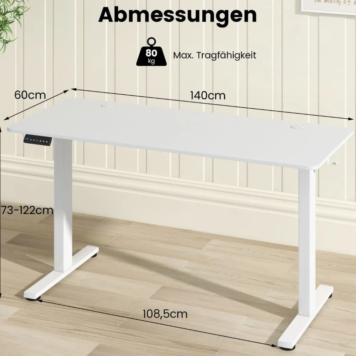 Höhenverstellbarer Schreibtisch 140 x 60 cm elektrischer Stehschreibtisch Weiß