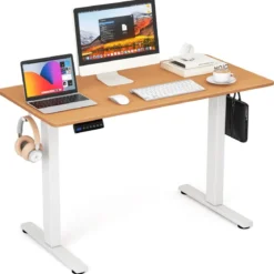 Höhenverstellbarer Schreibtisch 120 x 60 cm elektrischer Stehschreibtisch Rustikales Natur + Weiß