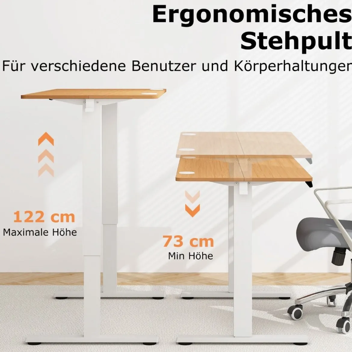 Höhenverstellbarer Schreibtisch 120 x 60 cm elektrischer Stehschreibtisch Rustikales Natur + Weiß