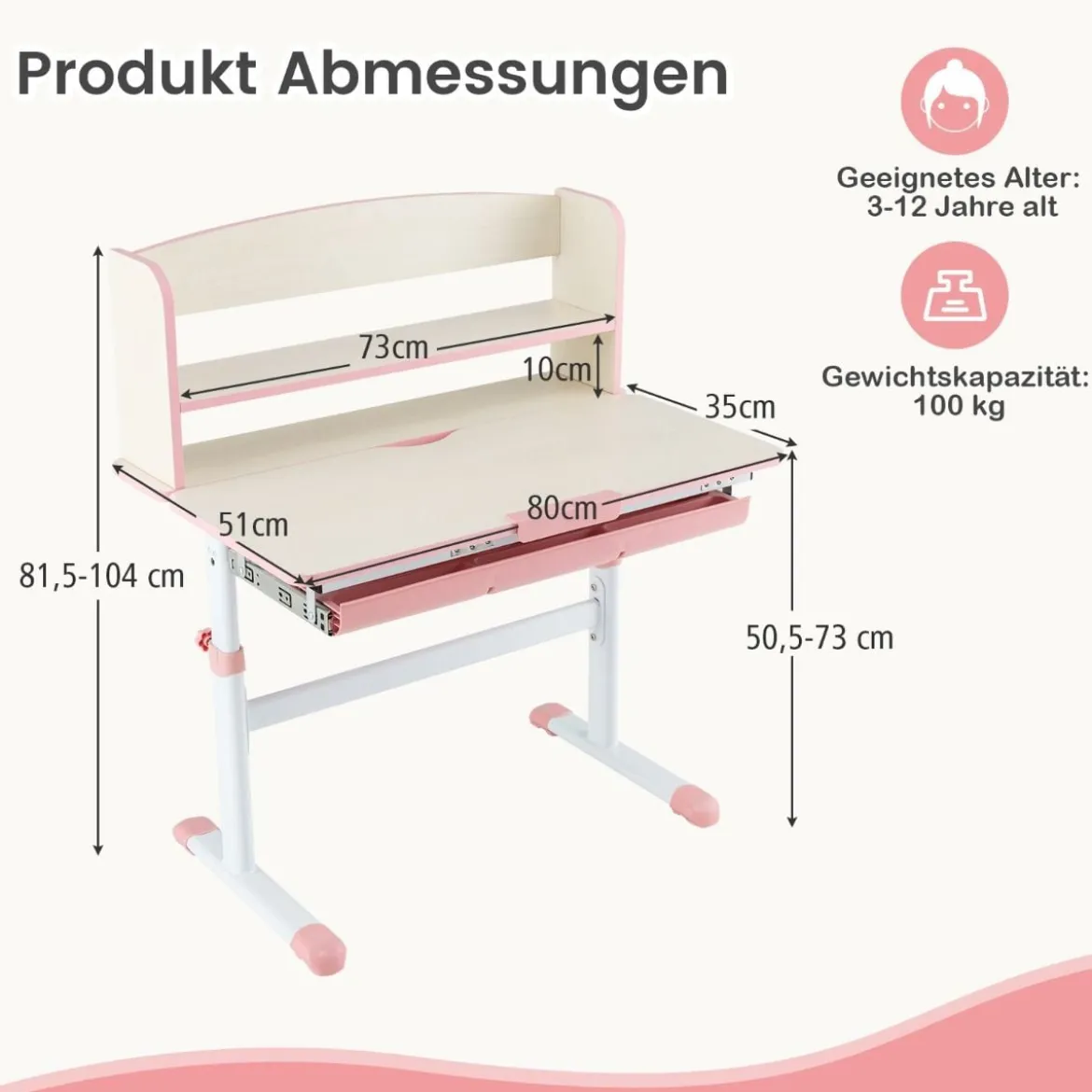 Höhenverstellbarer Schreibtisch mit Neigbarer Tischplatte & Schublade & Regal Kinder Studiertisch