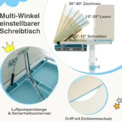 Höhenverstellbarer Schreibtisch mit Neigbarer Tischplatte & Schublade & Regal Kinder Studiertisch