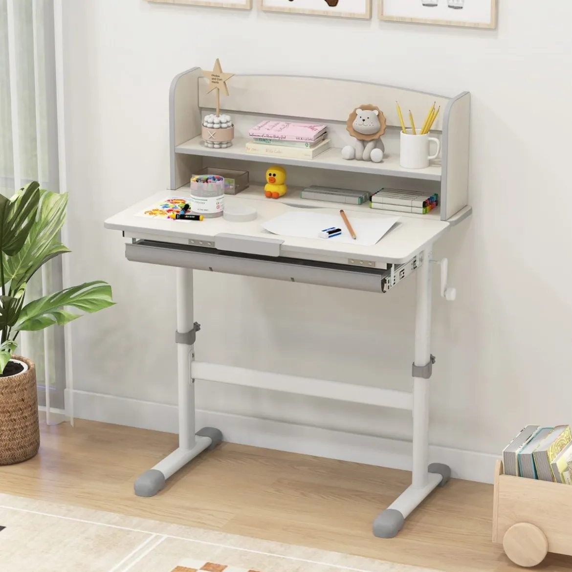 Höhenverstellbarer Schreibtisch mit Neigbarer Tischplatte & Schublade & Regal Kinder Studiertisch