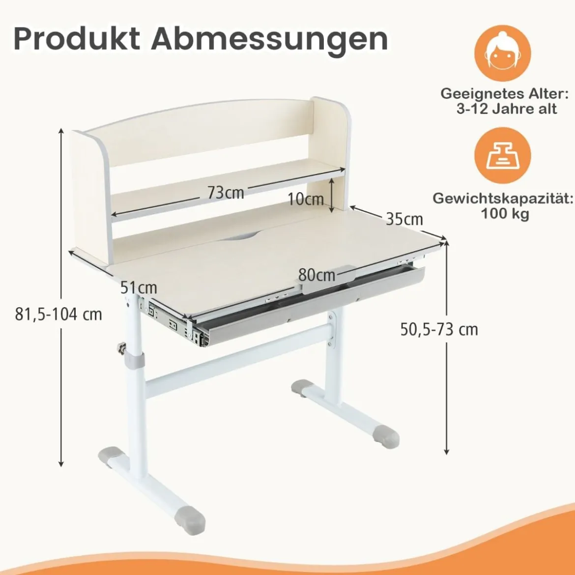Höhenverstellbarer Schreibtisch mit Neigbarer Tischplatte & Schublade & Regal Kinder Studiertisch