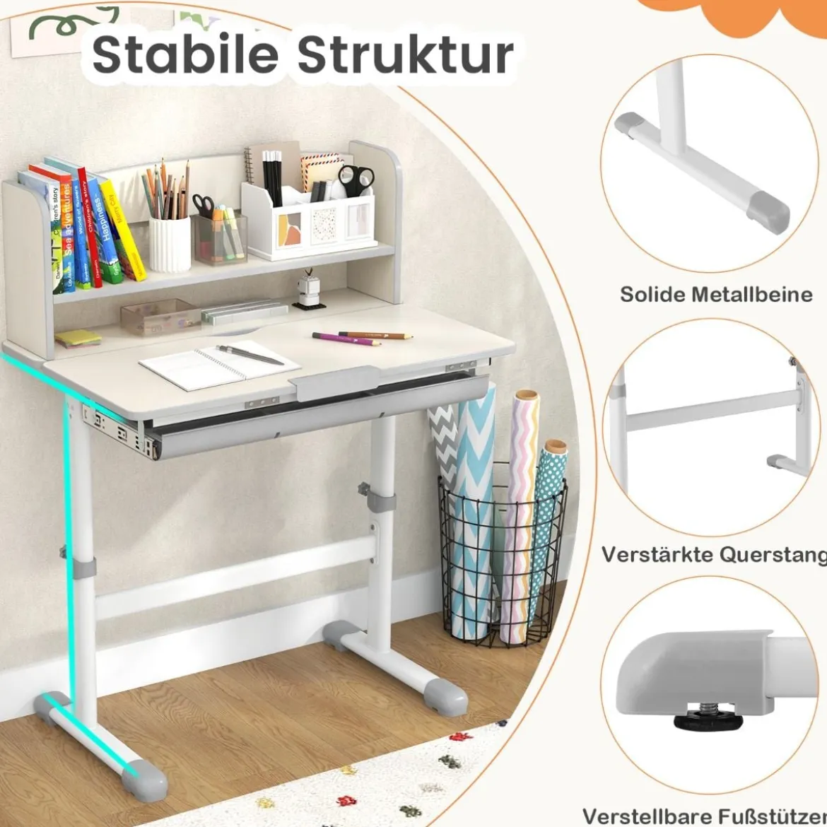 Höhenverstellbarer Schreibtisch mit Neigbarer Tischplatte & Schublade & Regal Kinder Studiertisch