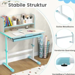 Höhenverstellbarer Schreibtisch mit Neigbarer Tischplatte & Schublade & Regal Kinder Studiertisch