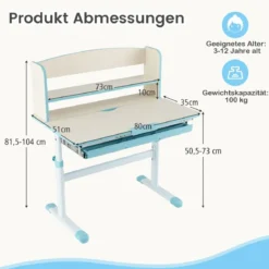 Höhenverstellbarer Schreibtisch mit Neigbarer Tischplatte & Schublade & Regal Kinder Studiertisch