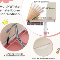Höhenverstellbarer Schreibtisch mit Neigbarer Tischplatte & Schublade & Regal Kinder Studiertisch