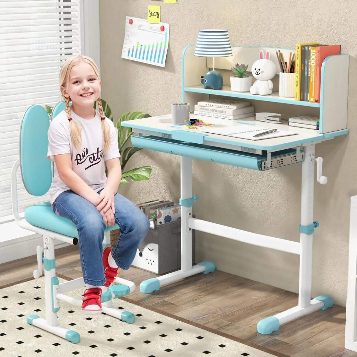 Höhenverstellbarer Schreibtisch mit Neigbarer Tischplatte & Schublade & Regal Kinder Studiertisch