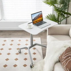 Höhenverstellbarer Schreibtisch Mobiler Laptoptisch mit Rollen 75 x 60 x 78-107 cm Weiß + Silber