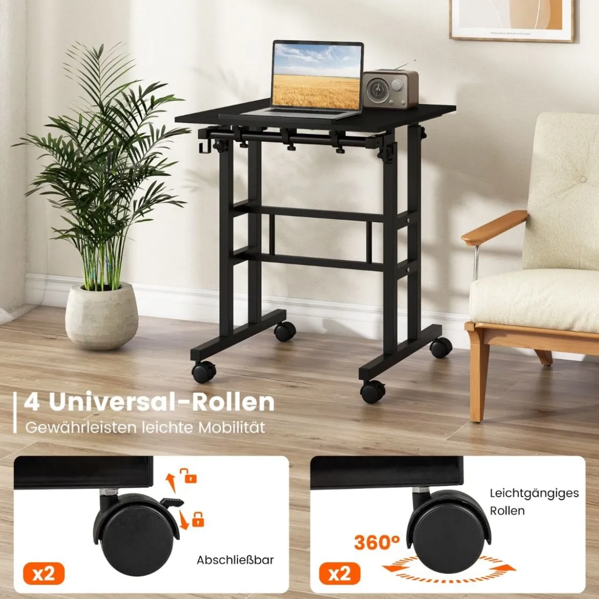 Höhenverstellbarer Sitz-Steh Schreibtisch mit 2-stufiger Computerarbeitsplatz auf Rollen Schwarz