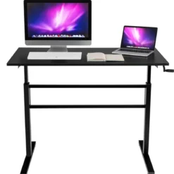 Höhenverstellbarer Stehtisch Sitz-Steh-Schreibtisch mit Kurbelgriff 120 x 60 x 75-113 Schwarz
