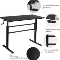 Höhenverstellbarer Stehtisch Sitz-Steh-Schreibtisch mit Kurbelgriff 120 x 60 x 75-113 Schwarz