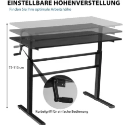Höhenverstellbarer Stehtisch Sitz-Steh-Schreibtisch mit Kurbelgriff 120 x 60 x 75-113 Schwarz