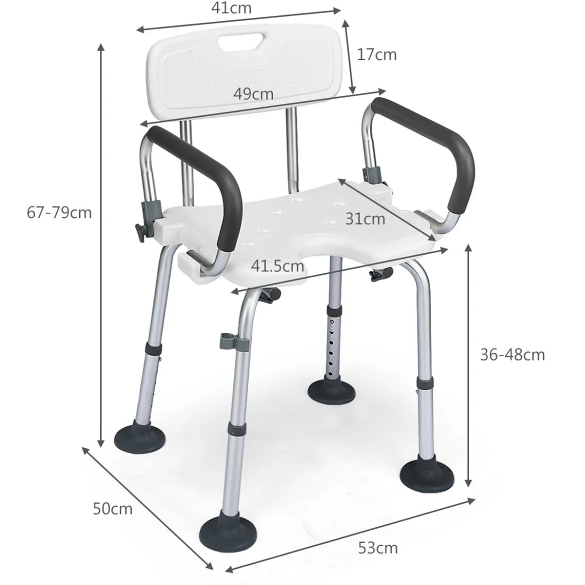 Höhenverstellbarer und rutschfester Duschstuhl mit U-förmiger Aussparung 53 x 50 x 67 - 79 cm Weiß