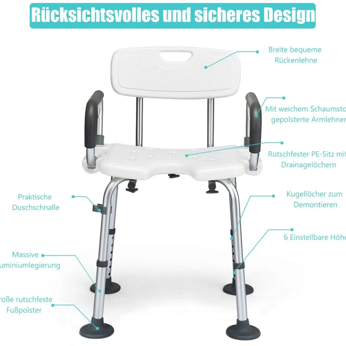 Höhenverstellbarer und rutschfester Duschstuhl mit U-förmiger Aussparung 53 x 50 x 67 - 79 cm Weiß