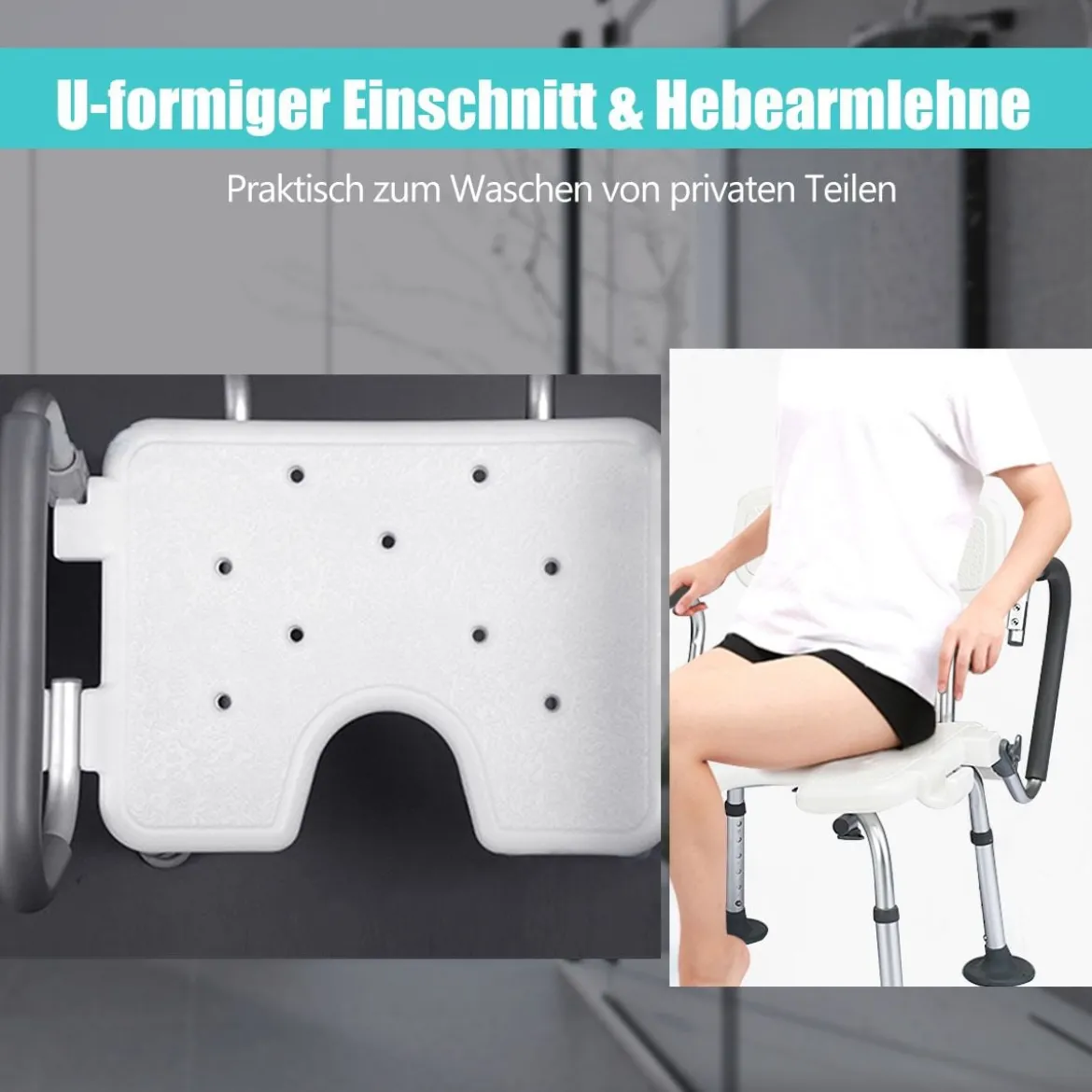 Höhenverstellbarer und rutschfester Duschstuhl mit U-förmiger Aussparung 53 x 50 x 67 - 79 cm Weiß