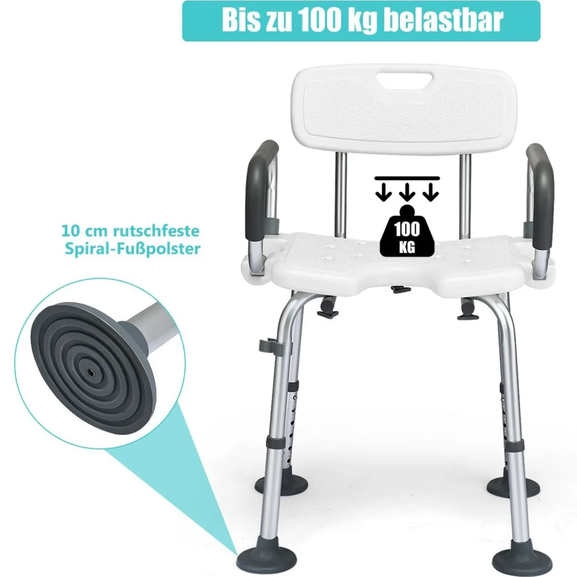 Höhenverstellbarer und rutschfester Duschstuhl mit U-förmiger Aussparung 53 x 50 x 67 - 79 cm Weiß