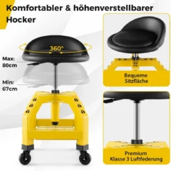 Höhenverstellbarer Werkstatthocker 150 kg Tragkraft mit Werkzeugablage Werkstattstuhl
