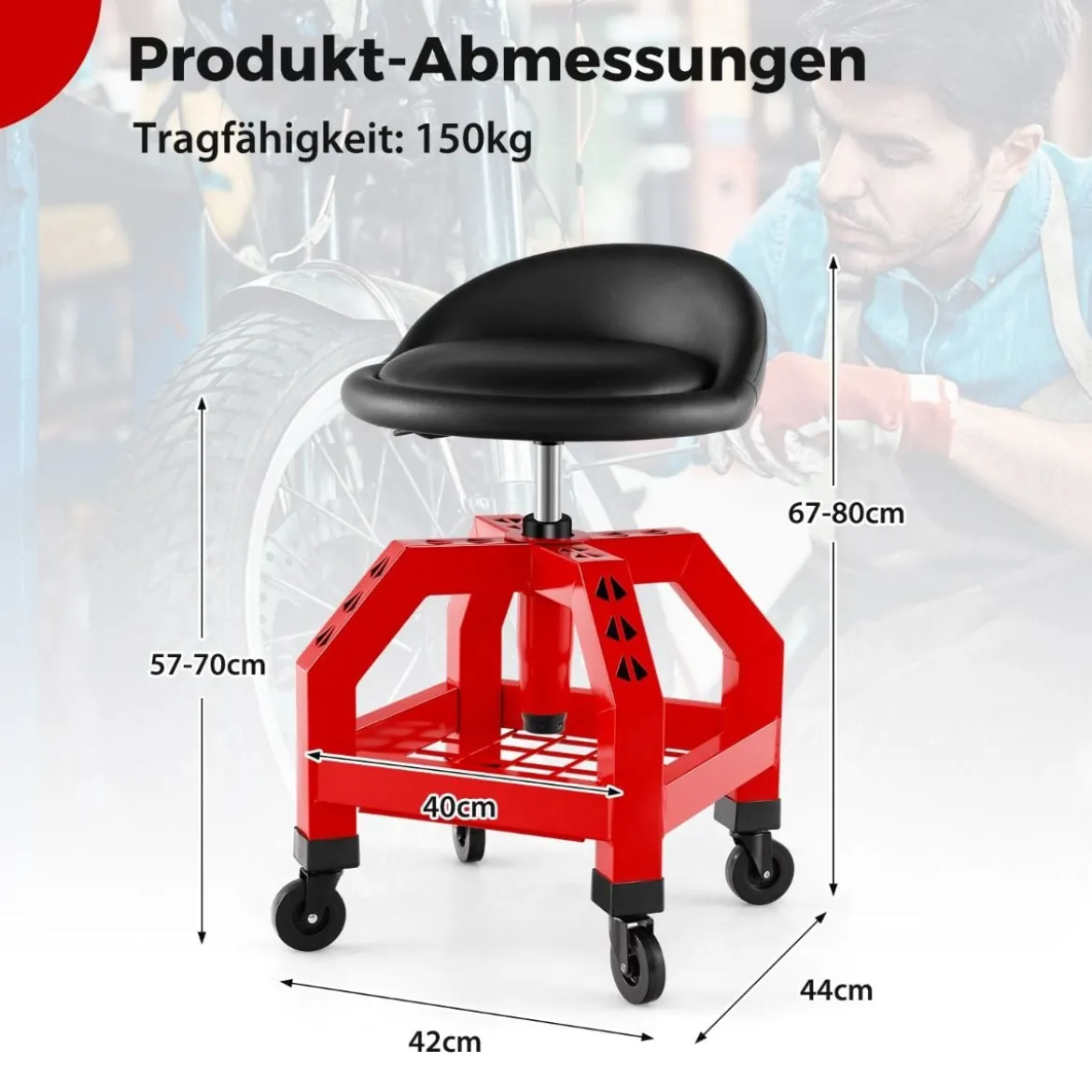 Höhenverstellbarer Werkstatthocker 150 kg Tragkraft mit Werkzeugablage Werkstattstuhl