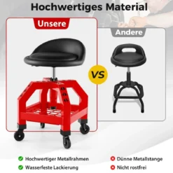 Höhenverstellbarer Werkstatthocker 150 kg Tragkraft mit Werkzeugablage Werkstattstuhl