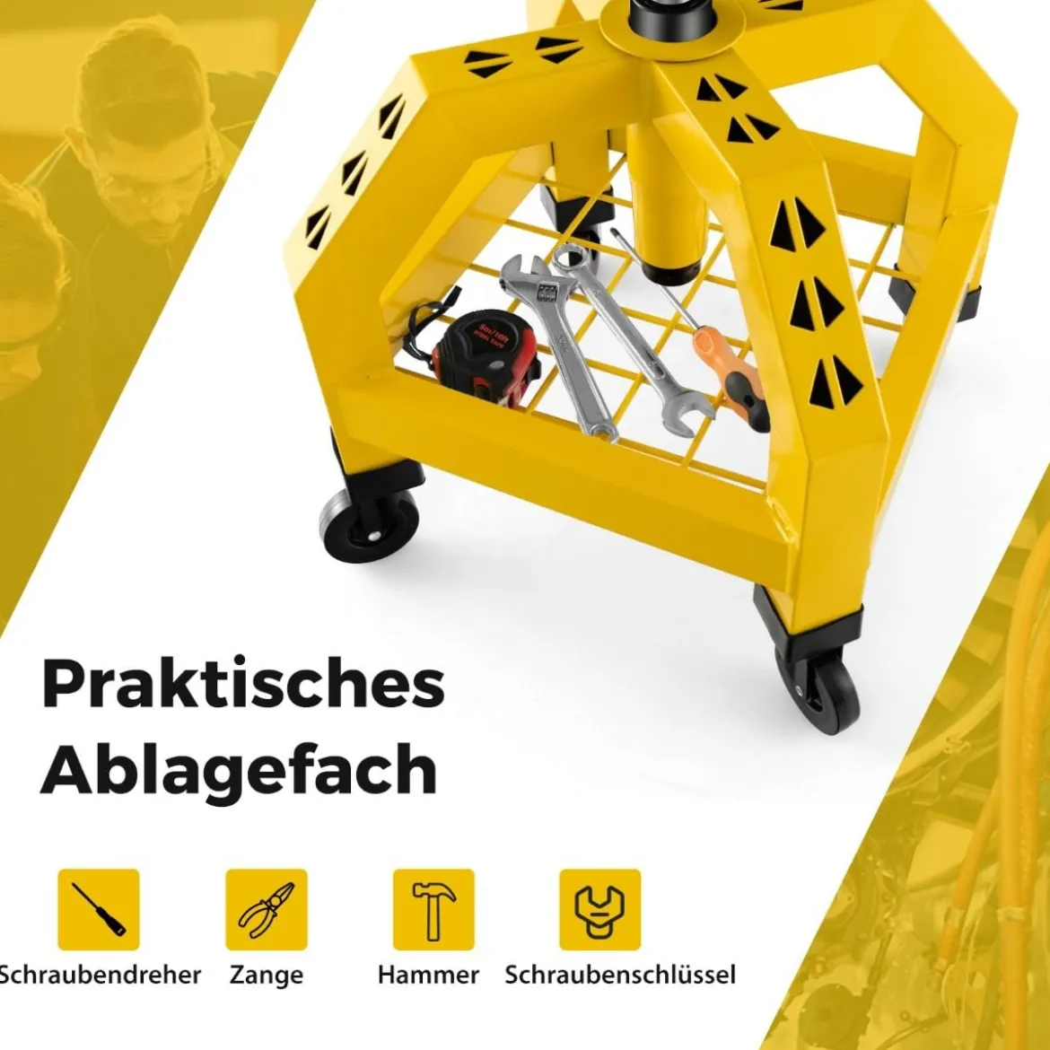 Höhenverstellbarer Werkstatthocker 150 kg Tragkraft mit Werkzeugablage Werkstattstuhl