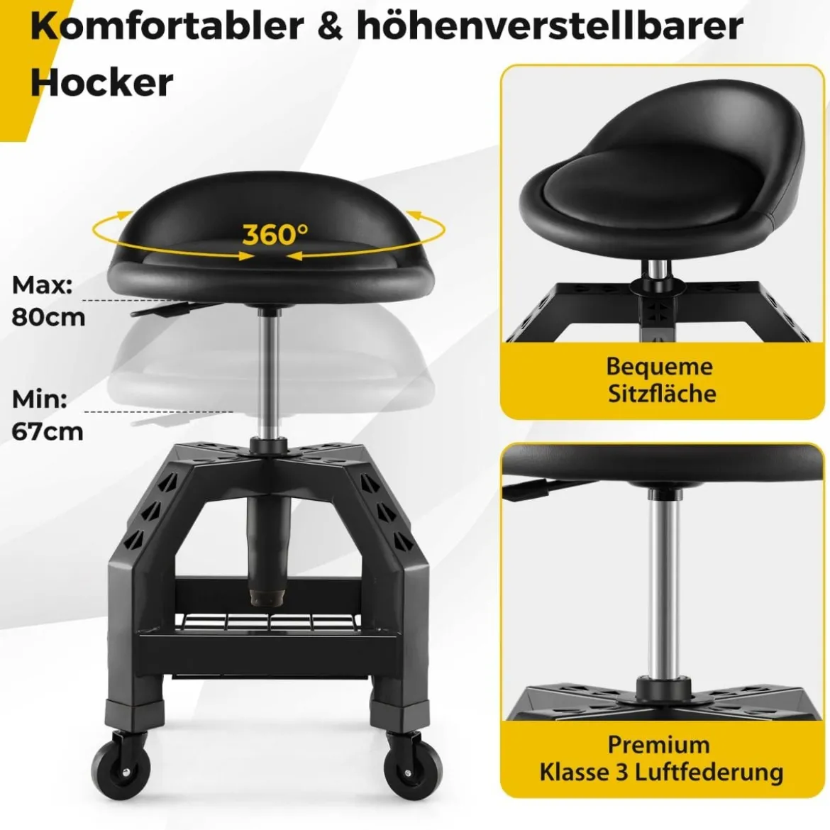 Höhenverstellbarer Werkstatthocker 150 kg Tragkraft mit Werkzeugablage Werkstattstuhl