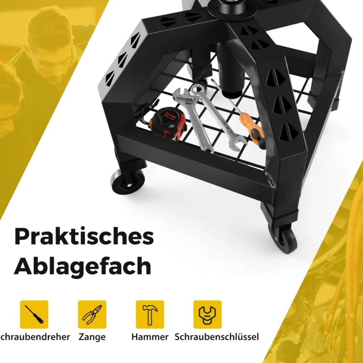 Höhenverstellbarer Werkstatthocker 150 kg Tragkraft mit Werkzeugablage Werkstattstuhl