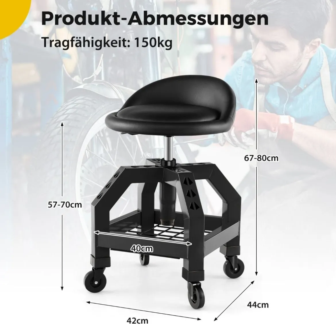Höhenverstellbarer Werkstatthocker 150 kg Tragkraft mit Werkzeugablage Werkstattstuhl
