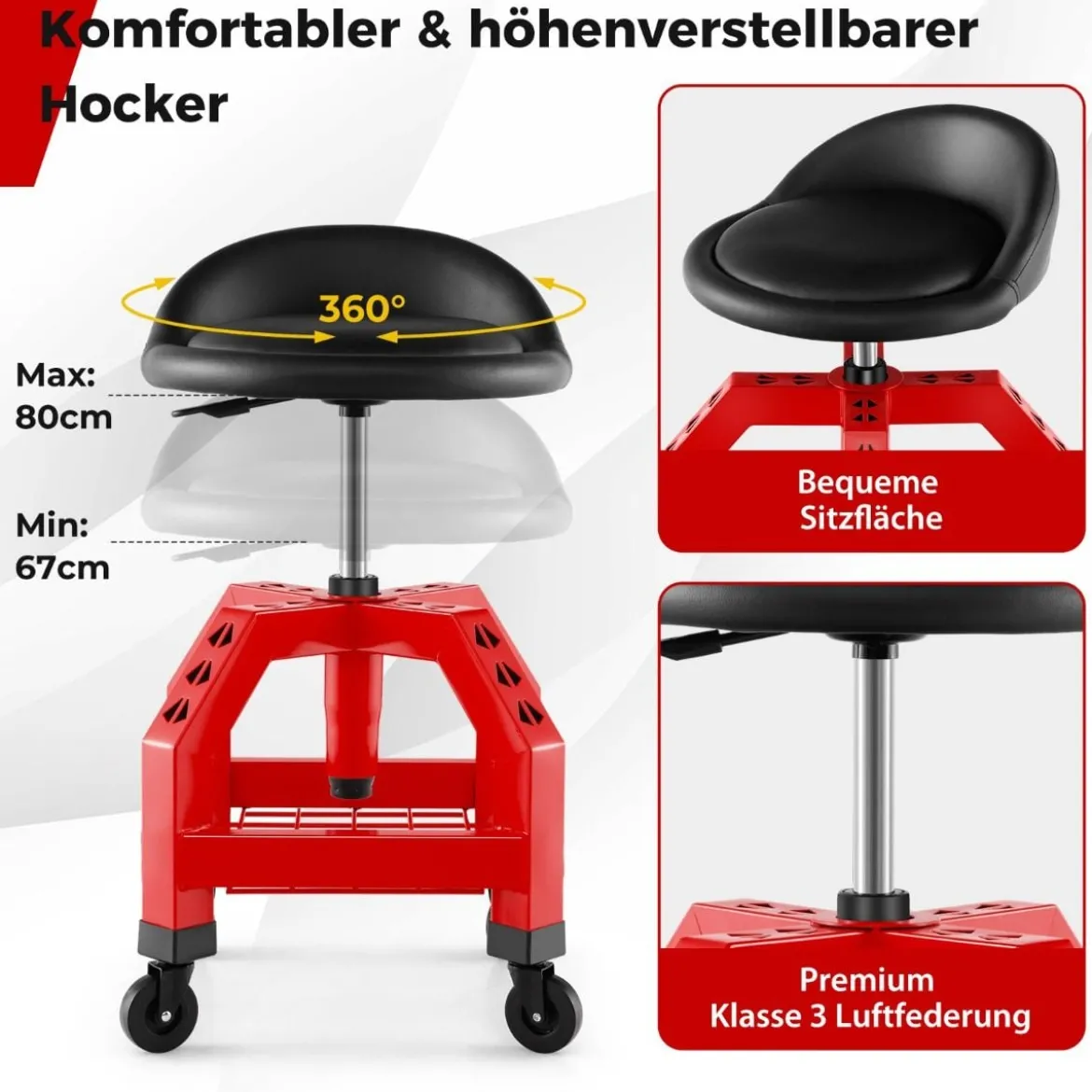 Höhenverstellbarer Werkstatthocker 150 kg Tragkraft mit Werkzeugablage Werkstattstuhl