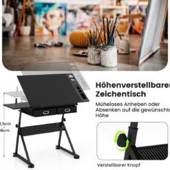 Höhenverstellbarer Zeichentisch mit Hocker & Neigbarer Tischplatte & 2 Schubladen Schwarz