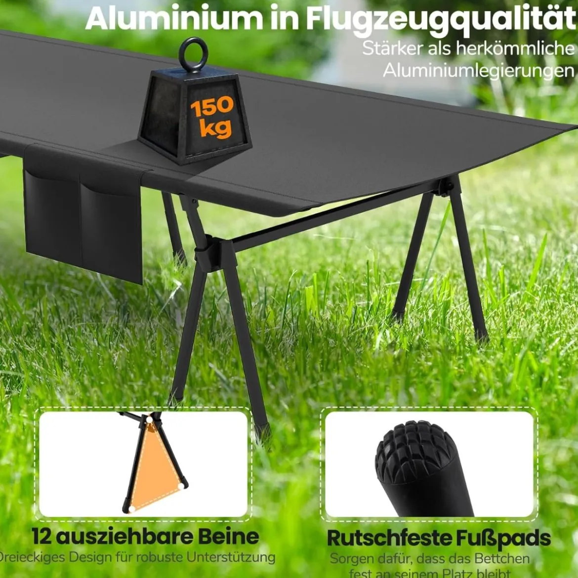 Höhenverstellbares Feldbett Campingbett mit Beinerweiterungen & Seitentasche & Netztasche
