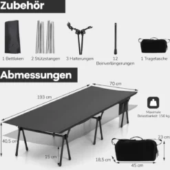 Höhenverstellbares Feldbett Campingbett mit Beinerweiterungen & Seitentasche & Netztasche