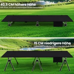Höhenverstellbares Feldbett Campingbett mit Beinerweiterungen & Seitentasche & Netztasche