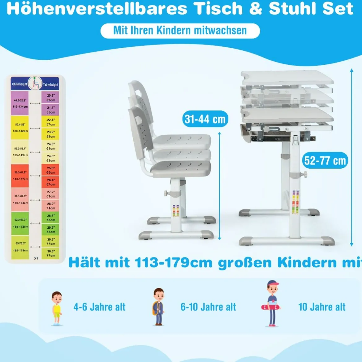 Höhenverstellbares Kinderschreibtisch Set mit Neigbarer Tischplatte & Schublade mit Stuhl Grau