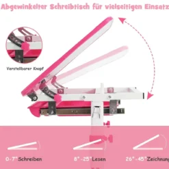 Höhenverstellbares Kinderschreibtisch Set mit Neigbarer Tischplatte & Schublade Rosa