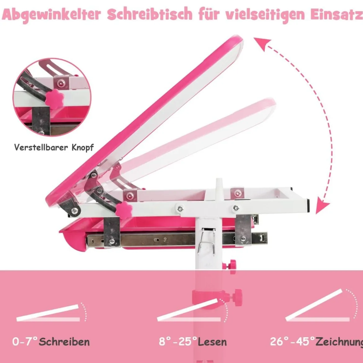 Höhenverstellbares Kinderschreibtisch Set mit Neigbarer Tischplatte & Schublade Rosa