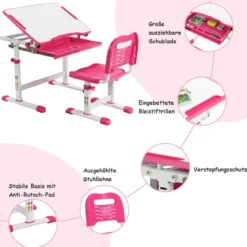 Höhenverstellbares Kinderschreibtisch Set mit Neigbarer Tischplatte & Schublade Rosa
