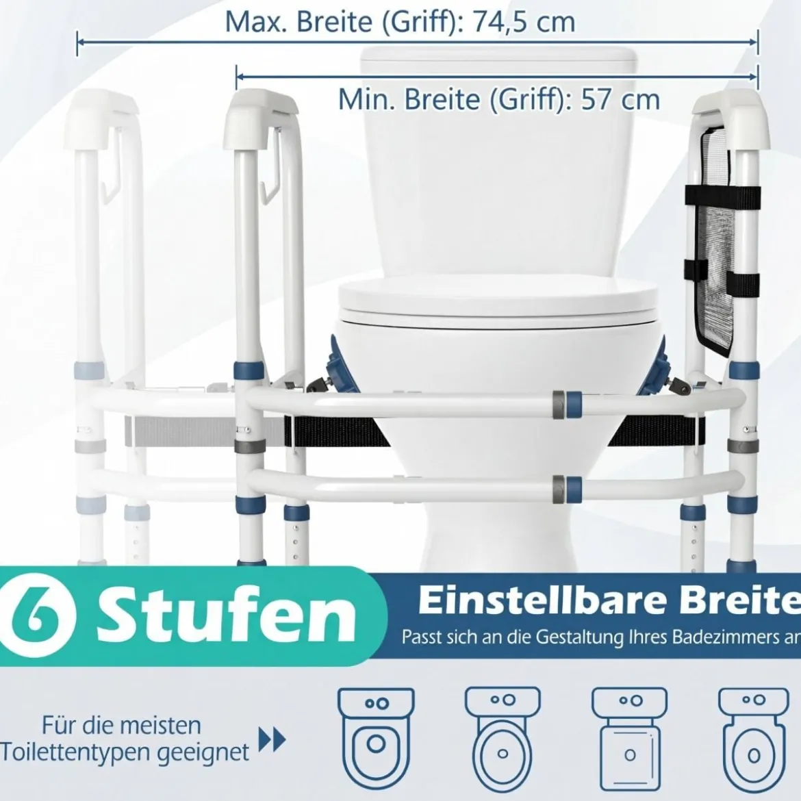 Höhenverstellbare Wc Aufstehhilfe Breitenverstellbar mit Elastischem Band Netz Tasche Halter für Senioren Weiß